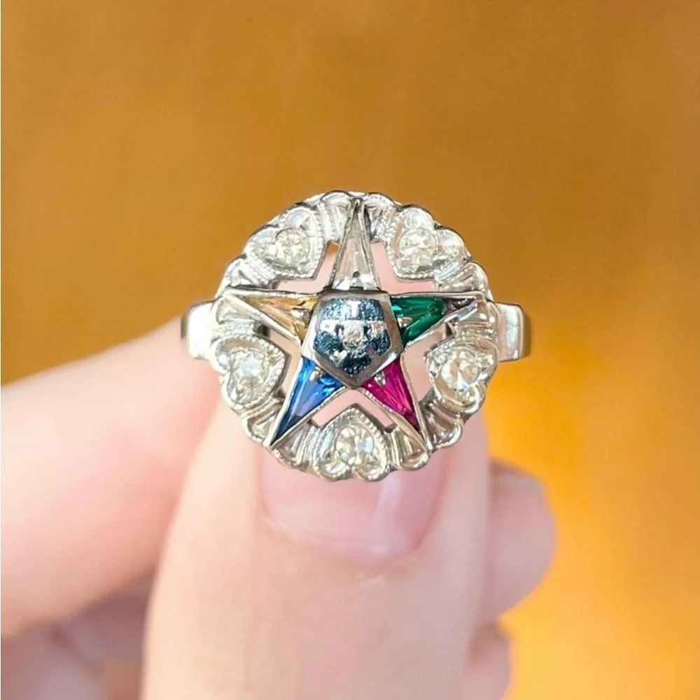 Vintage 10K White Gold Diamond Order of the Eastern Star Masonic Ring (Size 7.5) - Picture 5 of 10